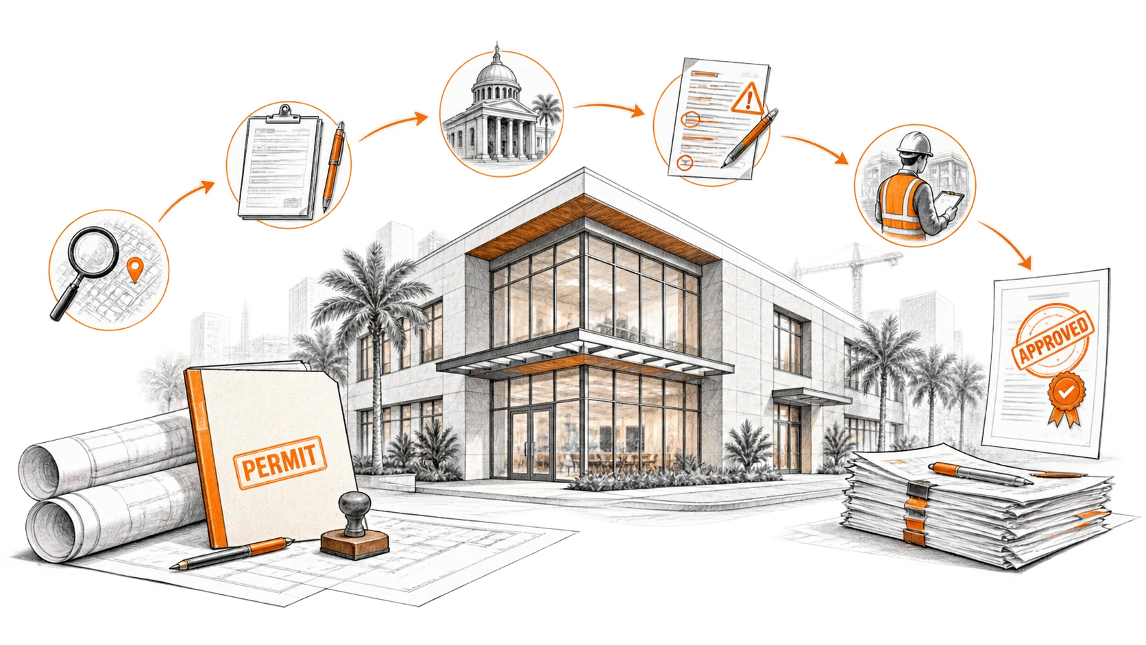 Commercial permit workflow illustration showing due diligence, applications, city review, corrections, inspections, and approval.