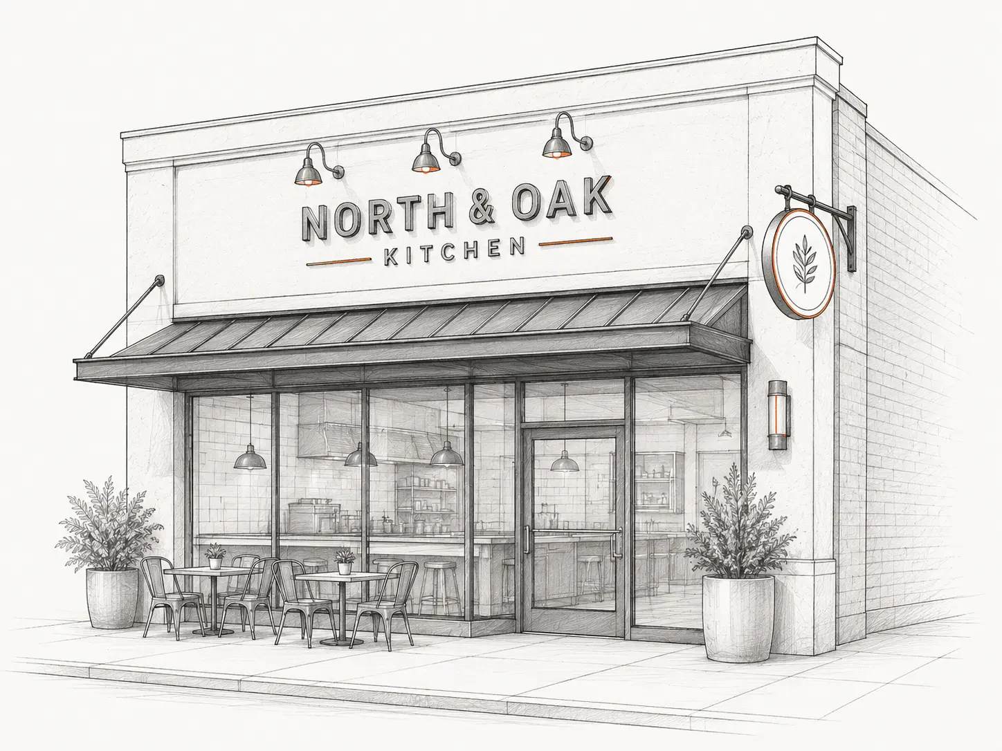 Architectural illustration of a café storefront sign