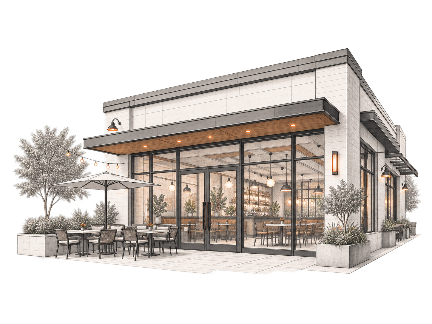 Modern restaurant storefront with outdoor patio seating and large glass windows