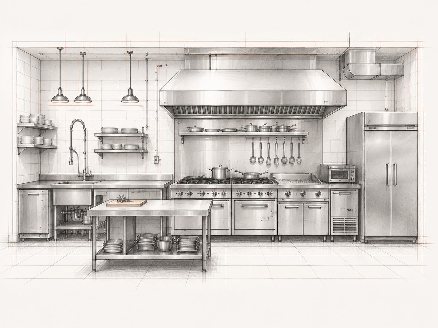 Architectural illustration of a commercial kitchen