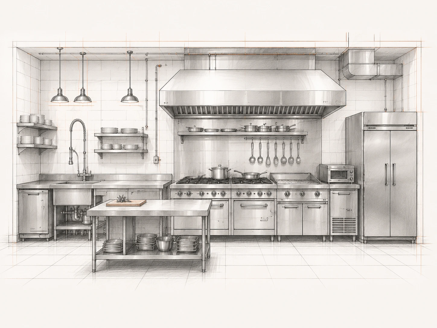 Architectural illustration of a commercial kitchen
