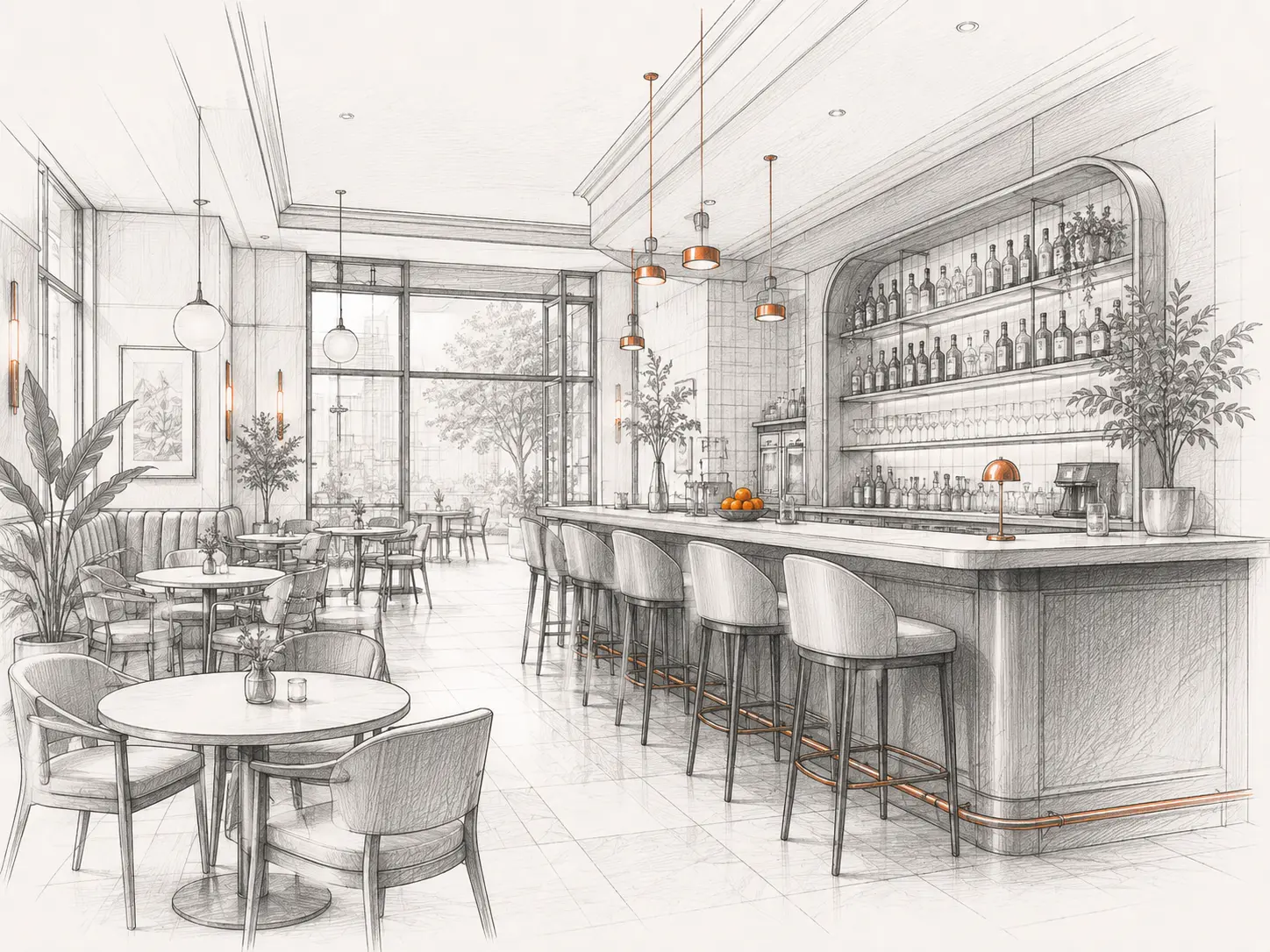 Architectural illustration of a bar and café interior