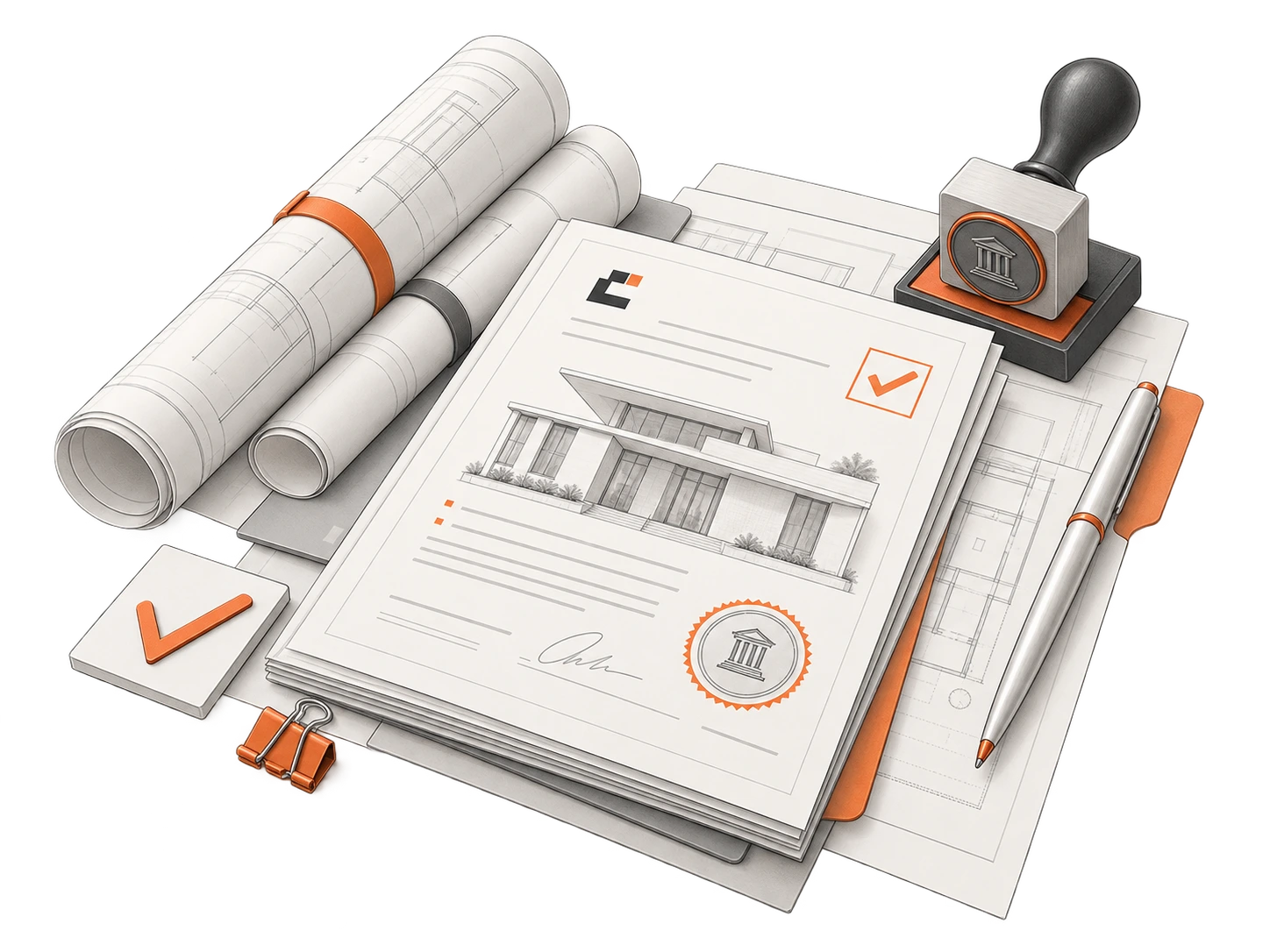 Illustration of rolled plans, a permit packet, approval stamp, and final permit documents