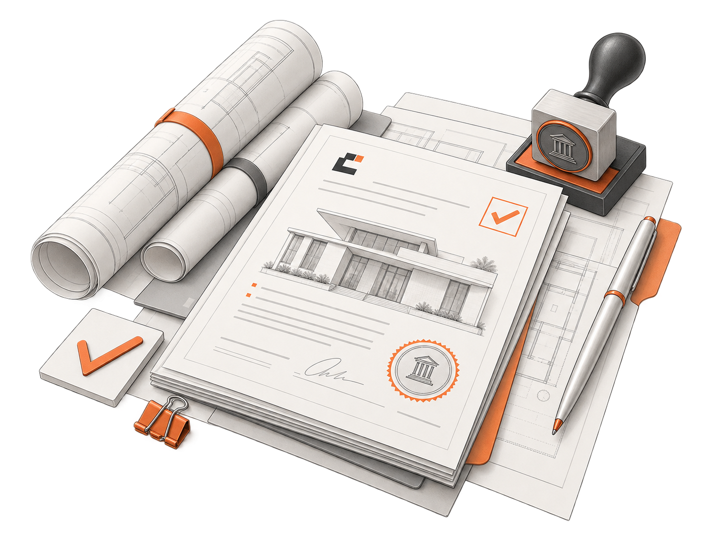 Illustration of rolled plans, a permit packet, and review documents