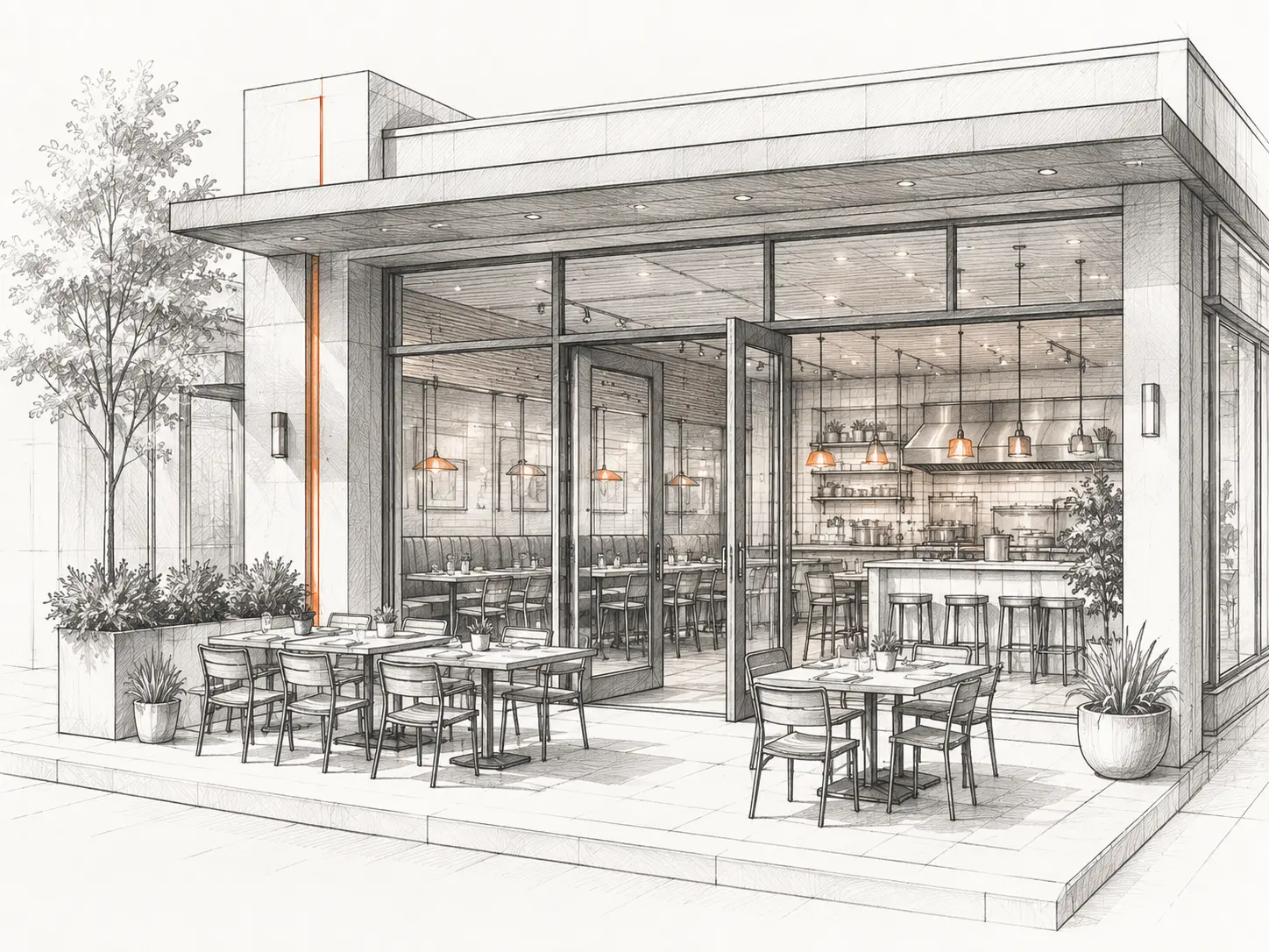 Architectural illustration of a sidewalk café frontage