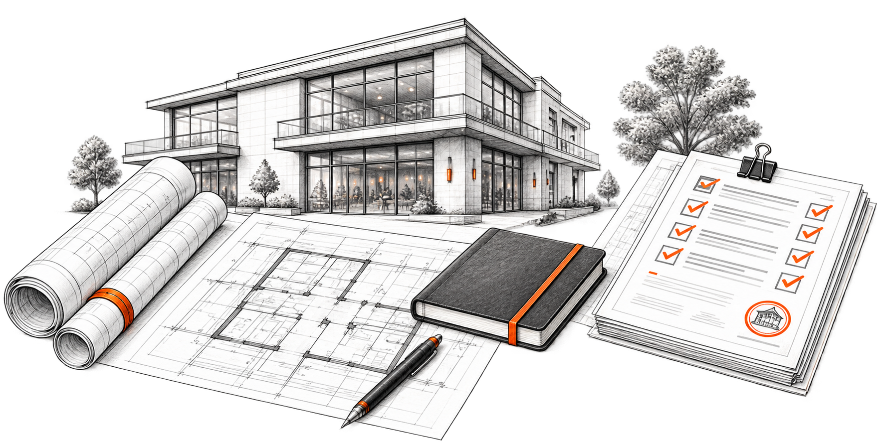 Architectural illustration of a modern South Florida commercial building with rolled blueprints, a floor plan, notebook, pen, and a permit checklist