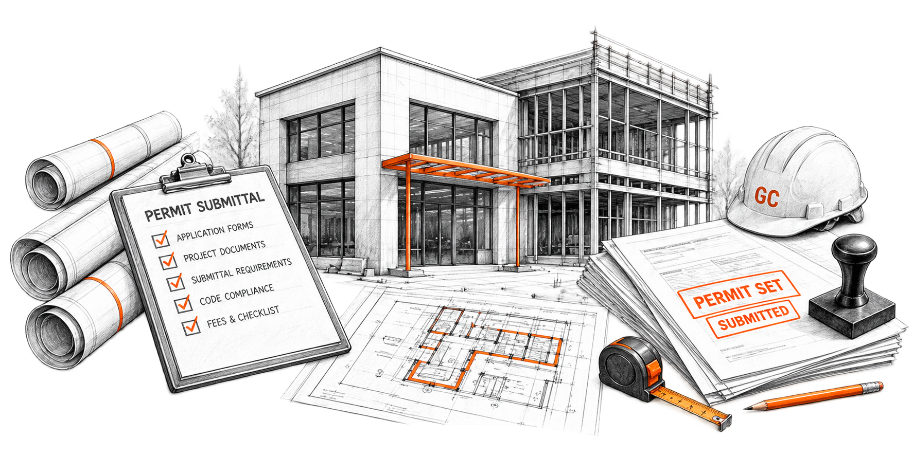 Architectural sketch of a commercial building under construction with rolled plans, a permit submittal checklist, a stamped permit set, tape measure, and pencil